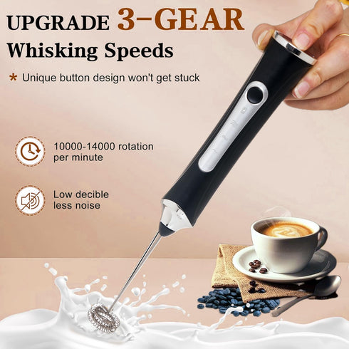 Rechargeable Milk Frother Handheld for Coffee, 3 Speeds Frother Wand with Stand, Drink Mixer Electric Handheld, Black