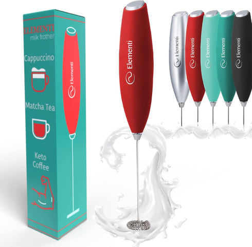 Elementi Milk Frother Handheld, Electric Wisking Tool for Coffee, Mini Mixer and Drink Mixer (Red)