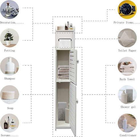2 Small Bathroom Storage Cabinet, Slim Toilet Paper Organizer with Doors & Shelves, Over Toilet Storage Cabinet