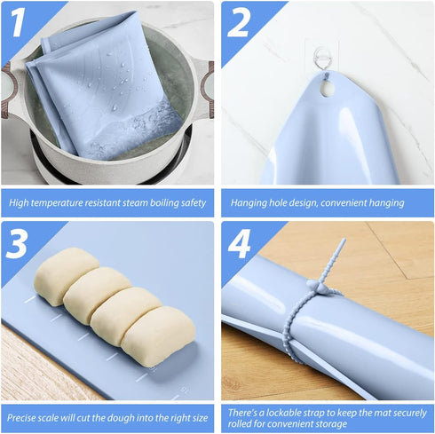 Extra Thick Silicone Pastry Mat 24"x16" - Non Stick Food Grade Dough Rolling Mat with Edge Heightening, Blue