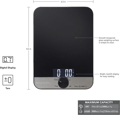 KitchenAid KQ908 Glass Surface 11 Pound Capacity Digital Kitchen and Food Scale, Scale for Food Ounces and Grams, Dry and Liquid Ingredients, Black