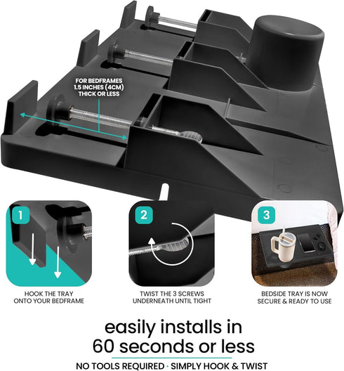 1 Count Modern Innovations Large Black Bedside Shelf for Bed, Clip On Nightstand with Cup Holder and Cord Holder