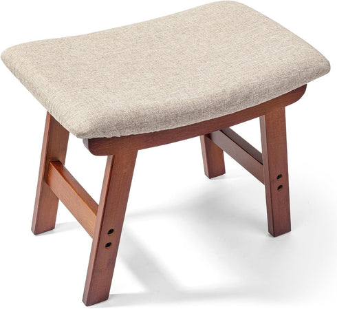 BAMBOO LAND- Bamboo Foot Stools Ottoman, Beige Cushion & Brown Wood Legs,