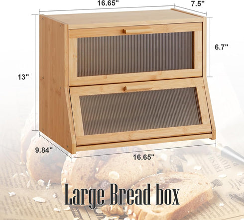 GHWIE Double Layer Bamboo Bread Box, Large Capacity Kitchen Counter Storage Bin with Acrylic Wavy Door Panel, Natural