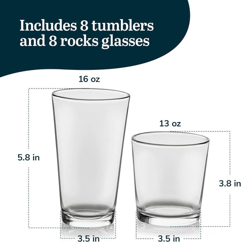 Libbey Flare Tumbler and Rocks Glasses Set, Stylish Lead-Free Drinking Glasses Set of 16 for Kitchen and Parties