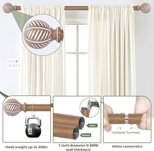 Wood Curtain Rods 18 to 60 Inch, 1 Inch Boho Adjustable Imitation Wood Grain Decorative Rods