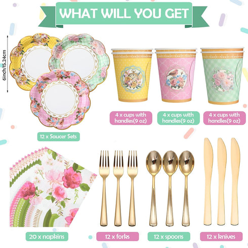 83 Set 3-Tier 12 Layhit Pcs Floral Tea Party for Girls Disposable Vintage Tableware with Cake Stand, Serves Paper Cups