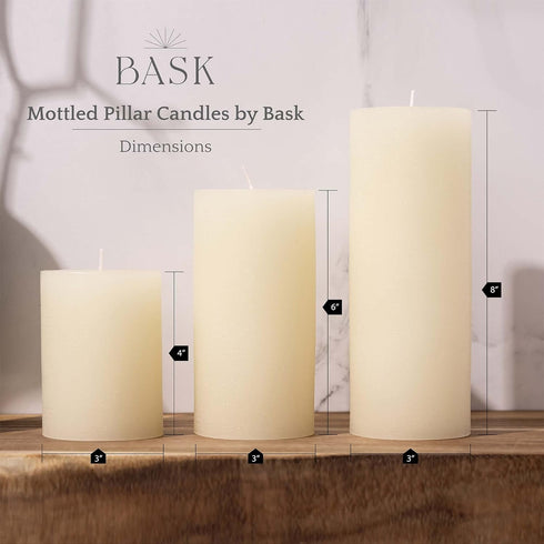 BASK Mottled Pillar Candles, Unscented Ivory Set of 3, Dripless, Smokeless for All Occasions