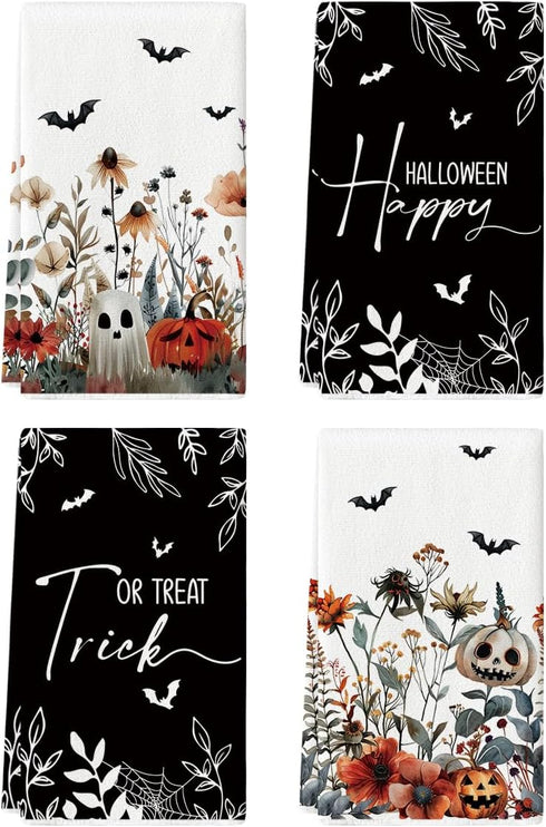 Artoid Mode Ghost Pumpkins Bats Floral Halloween Kitchen Towels Dish Towels, 18x26