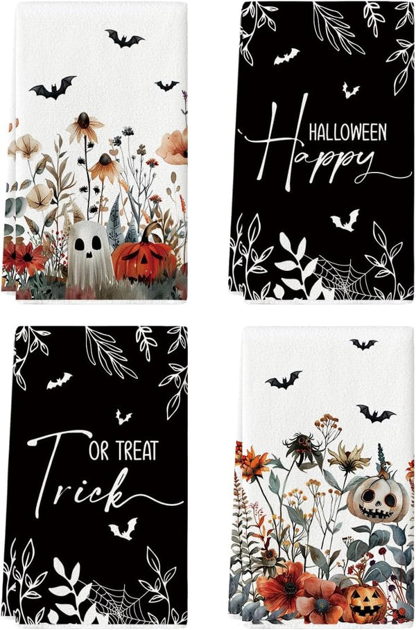 Artoid Mode Ghost Pumpkins Bats Floral Halloween Kitchen Towels Dish Towels, 18x26