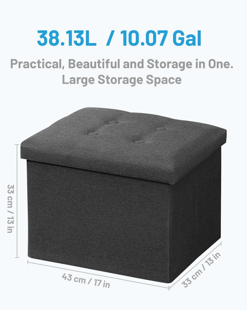 17 inches AmasSmile Storage Ottoman Folding Foot Rest Stool, Linen Footstool Bench, Short Ottoman Bench, Storage Foot