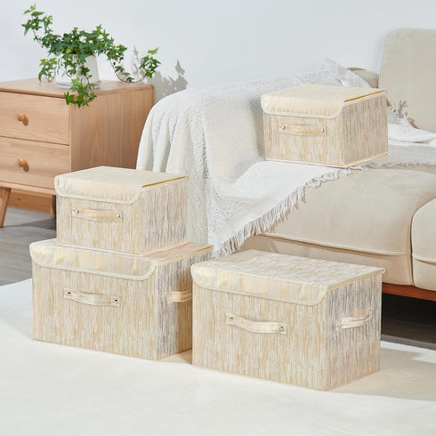 2PCS Gold Decorative Storage Boxes with Lid, Luxury Metallic Fabric Organizer Bins for Home Bedroom Closet Office