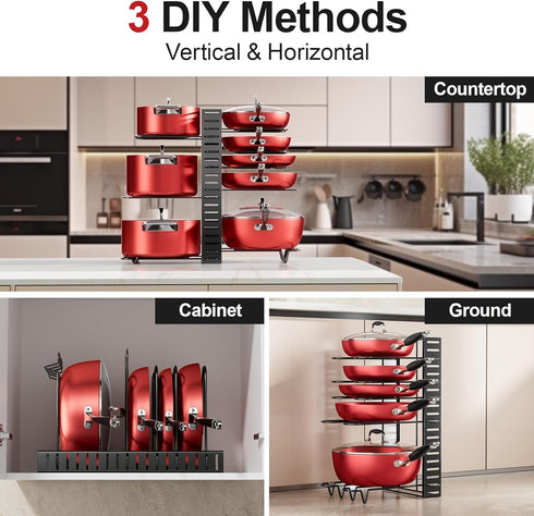 MUDEELA Pots and Pans Organizer Rack, 8-Tier Kitchen Storage Pot Racks, Adjustable Organizers with 3 DIY Methods