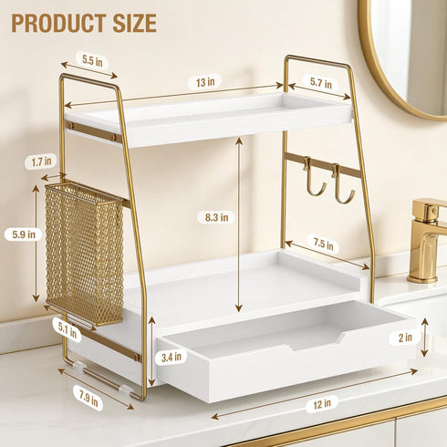 ROPALINS 2-Tier Counter Counter 13'' Bathroom Organizer with Drawer & Removable Basket, Wood & Metal Vanity Organizer