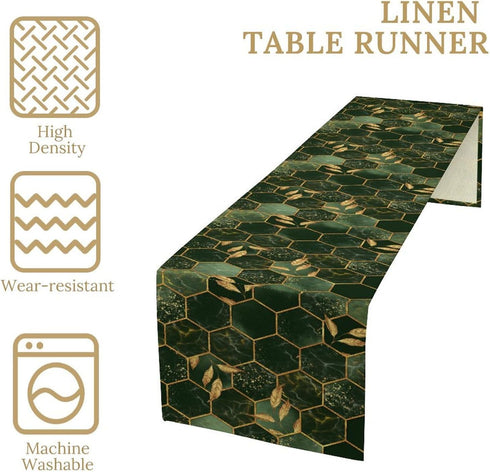 Nitmbi 13x60inch Marble Table Runner,Green Golden Marble Texture Abstract Art Pattern Table Runner for Coffee Table