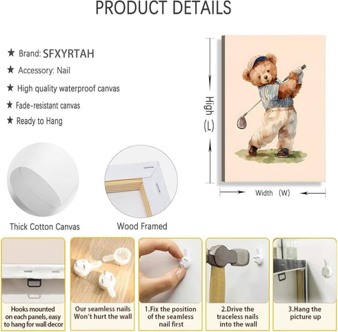 SFXYRTAH Decorations12x16in Teddy Bear Sports Nursery Animal Canvas Wall Art Cute Woodland Rugby Wall Decor Pictures