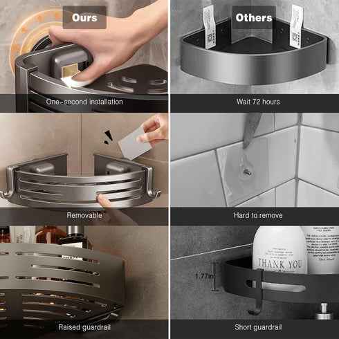 1 Pack Voldra Corner Shower Caddy Suction Cup, Corner Shower Shelves No Drilling, Aluminum Upgrade Suction Cup Shower