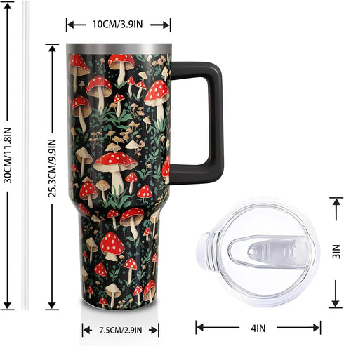 40oz (1PC) Red Mushroom Gifts Cup for Women Men, Tumblers with Handle and Straw, Goth Mushroom Lovers Stainless Steel