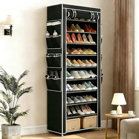 HOACHAN 10-Tier 30-38 Closet Shoe Rack with Dustproof Cover, Large Capacity Shoes Storage Organizer Holds Pairs