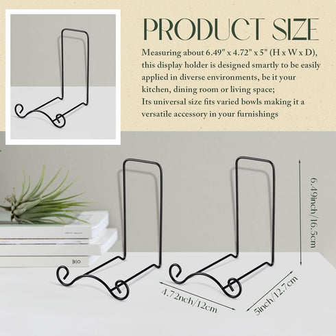 2 Pcs Wrought Iron Plate Stands for Display Small Easel Stand Black Decorative Bowl Holder for Tabletop Bowl Pictures Frame Artwork Book Plaque Deep Platter, 6.5" H x 4.7'' Width x 5'' D