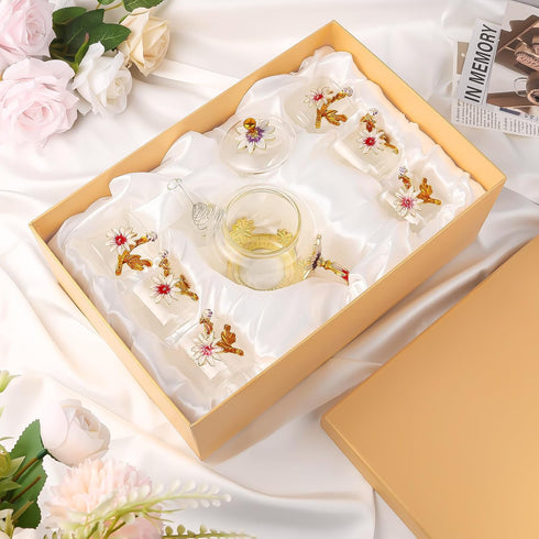7 Set Set Pcs Floral Tea for Women, Vintage Flower Teapot With Gift Box, Glass Tea Kettle, Fancy Cup, Mug With Coasters