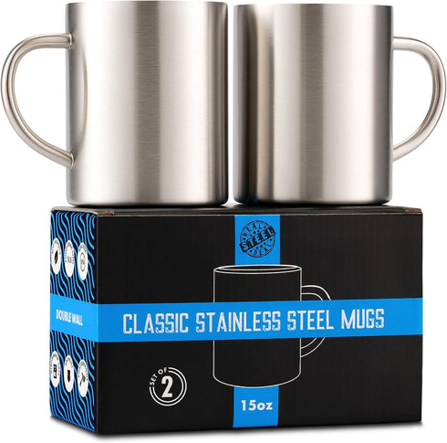 Stainless Steel Coffee Mugs, 15 oz Double Wall Insulated Mug Set of 2, BPA Free