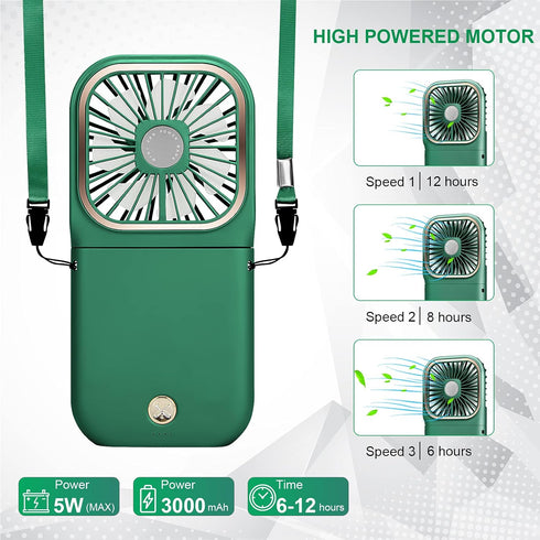 DAVID ROCCO Mini Portable Handheld Fan, 3 Speeds, Rechargeable, Green, Perfect for Travel, Home, Office