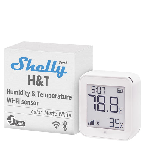 Shelly H&T Gen 3 - Wi-Fi & Bluetooth Temperature, Humidity Sensor & Weather Station, Wall Mountable, White