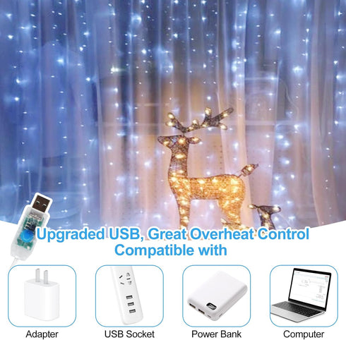 300 9.8 9.8FT 8 LED Fairy Curtain Lights, x Cold White USB Plug in Modes String Hanging Lights with Remote