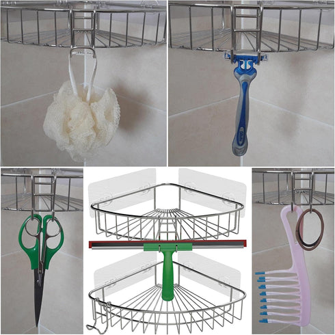 Shower Caddy Shelf Basket Rack Hooks, Stainless Steel Bathroom Hangers for Loofah, Towel, 2 Pack