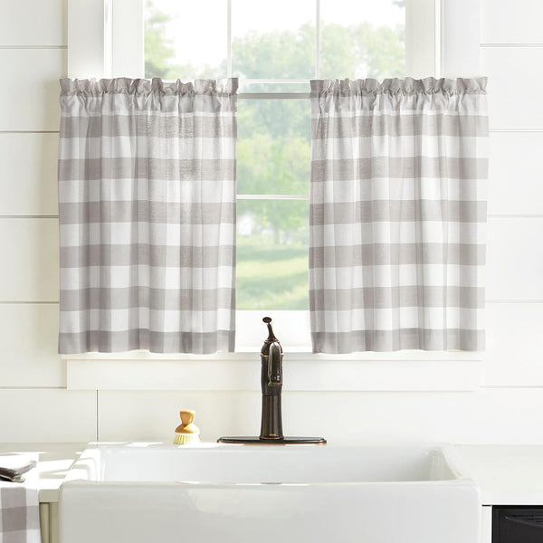 Elrene Home Fashions Buffalo-Check Tier Curtain Set, 30" x 24" (Set of 2 Tiers), Gray/White for Bathroom or Kitchen