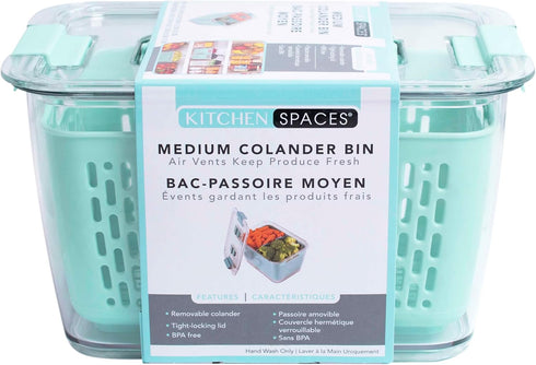 Kitchen Spaces Colander Bin, Produce Saver with Lid, Fridge Organizer for Washing, Straining, and Storing (Mint Green)