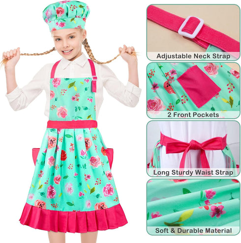 MHJY Kids Apron Hat Set for Girls Vintage Pleated Skirt Aprons Adjustable Kitchen Apron with Pockets for Baking Cooking