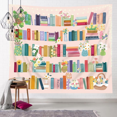 59Wx51H Inch Homewelle Reading Tapestry Modern Wall Art Unique Books Bookshelf Library Bookworm Floral Botanical