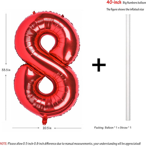 40 Inch Red Big Number 8 Birthday Party Decoration Foil Balloons for Anniversary, Wedding, Girls and Boys