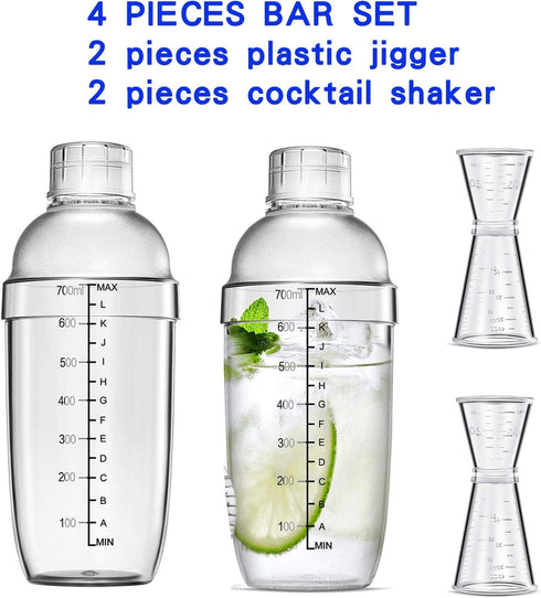 4 pcs Clear Cocktail Shaker Set, 2 pcs Plastic Bar Shaker with 2 pcs Plastic Double Measuring Jigger