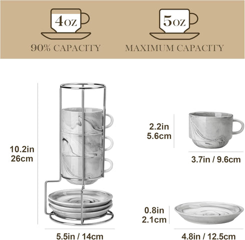 4 OZ Set 4, Set MALACASA Porcelain Espresso Cups with Saucers and Metal Stand of Stackable Cappuccino Cups, Marble Gray
