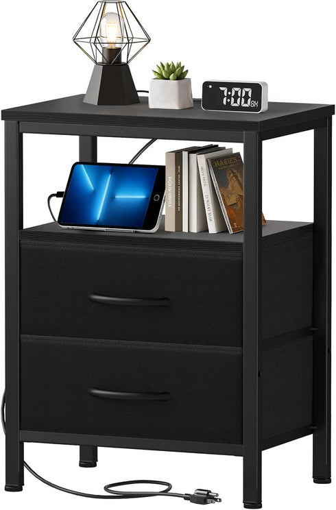 Nightstand with Charging Station, Bedside Table with USB Ports & Outlets, Small