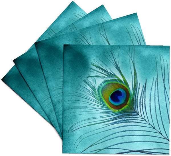 3dRose CST_211236_3 Peacock Feather on Turquoise Background Ceramic Tile Coaster (Set of 4)
