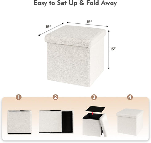 15"x15"x15" B FSOBEIIALEO Small Storage Ottoman Cube Sherpa Ottomans Foot Rest, Foldable Boucle Ottoman, Faux Teddy