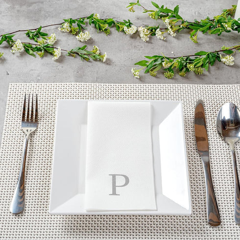 15.8 7.9 Inch 50 Luxenap X Linen-Feel Guest Towels, Lettered Hand Towels - Silver Letter 'P', Sans Serif Font, White