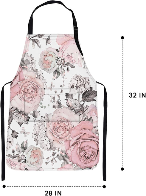 Britimes Apron Home Kitchen Cooking Baking Gardening for Women Men with Pockets Pink Flowers Leaves Watercolor Floral 32x28 inch