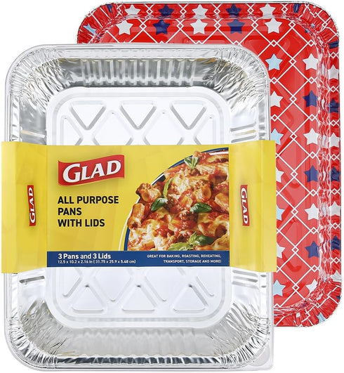 Glad Disposable Aluminum All Purpose Pans, Red, White & Blue Stars, 3ct with Lids, 12.5” x 10.2”