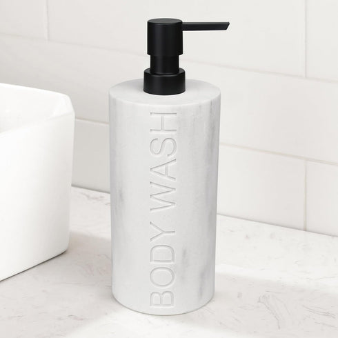 Resin White Marbled Body Wash Engraved Bottle Refillable Pump Dispenser, Durable Waterproof Construction for Bath