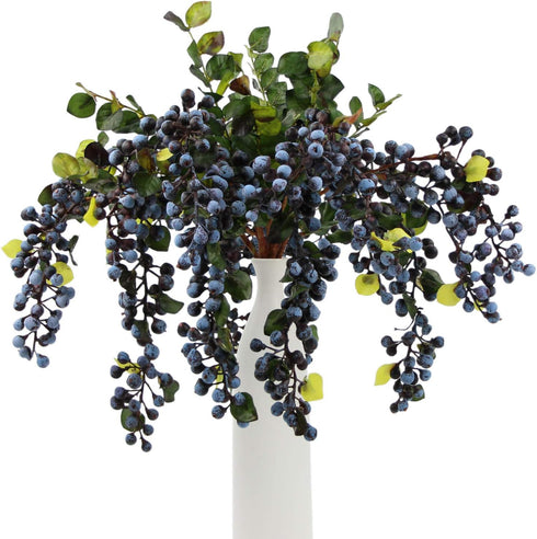 2Pcs Rinlong Artificial Blueberries Fake Berries Stems Hanging Spray Frosted Blueberry Fall Floral Picks for Wreath