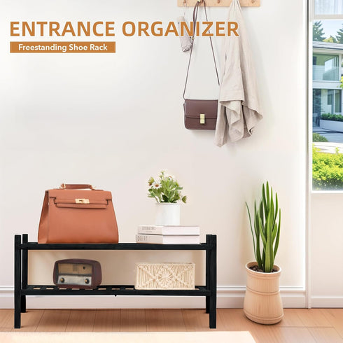 2 Closet, 27"x11"x13" 2 Tier Bamboo Shoe Rack Storage Organizer for Multifunctional Stackable Free Standing Shoe Shelf