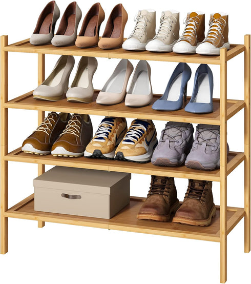 kiplant 4-Tier Shoe Rack for Entryway, Bamboo Wood Shoe Rack 4-Tier, Stackable Shoe
