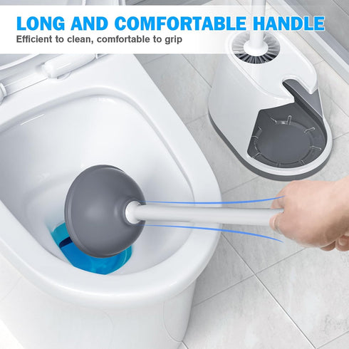 Toilet Plunger and Brush Set, 2-in-1 Heavy Duty Toilet Plunger with Silicone Bowl Brush and Ventilated Holder, White &