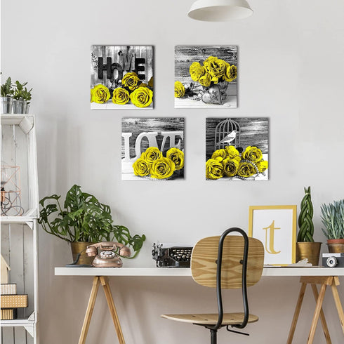 Yellow Rose Wall Pictures for Bedroom: Yellow and Grey Floral Posters, 12x12" 4Pcs, Romantic Flower Canvas Prints