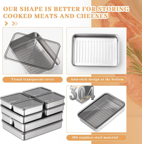 Hushee 9 Pack 304 4 Bacon Cheese Container for Refrigerator, Stainless Steel Airtight Deli Meat Container, Dishwasher